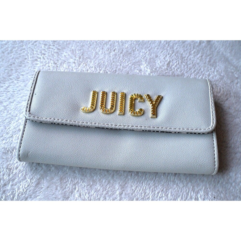 Juicy Couture Gray Leather Wallet Gold Logo Clutch Wristlet Y2K Heart Mirror